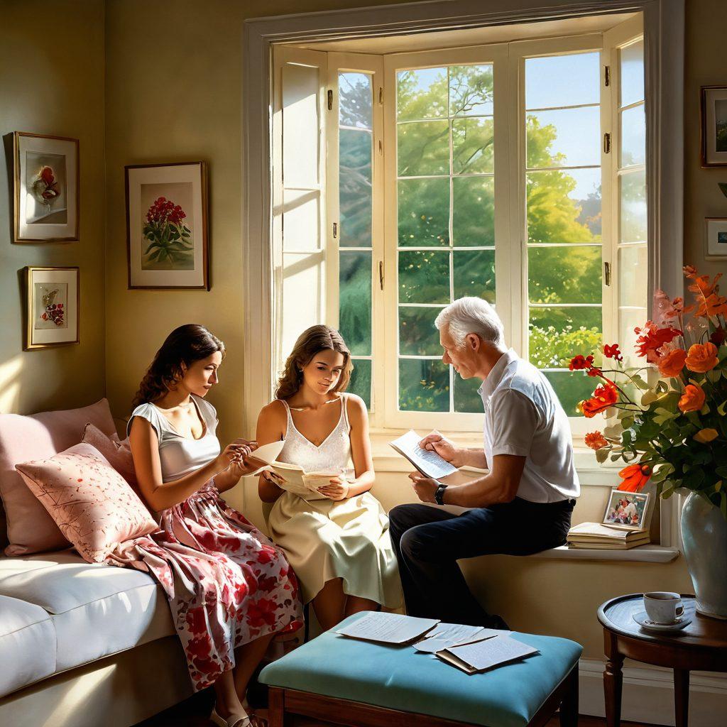 A serene scene depicting a couple sharing a quiet moment in a sunlit room, surrounded by framed memories and cherished momentos, such as love letters and photographs. Soft, warm lighting creates an intimate atmosphere, while a window reveals a blooming garden outside. A gentle touch of whimsy is added with floating hearts and swirling leaves. painting. vibrant colors. soft focus.