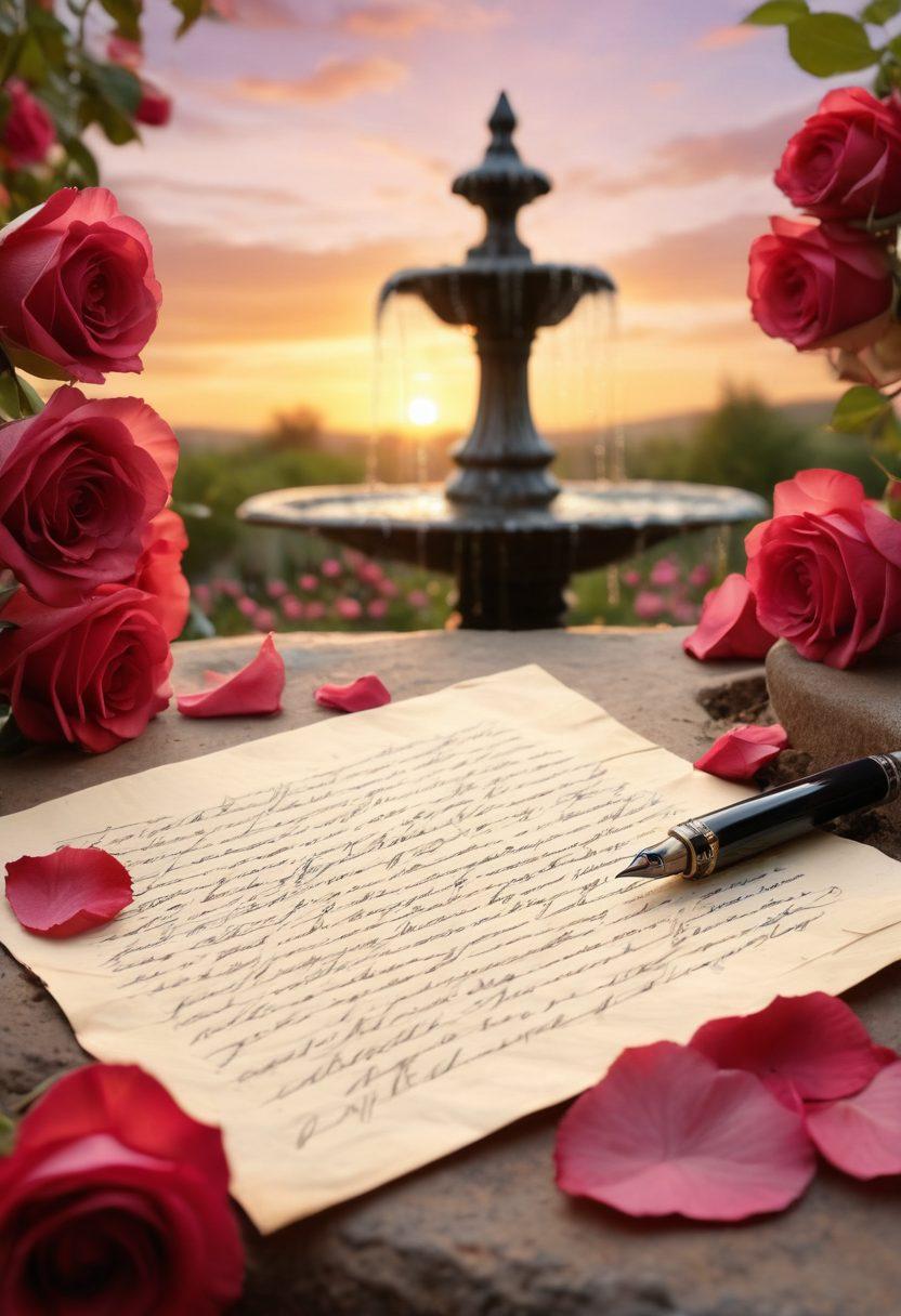 A whimsical scene of an open vintage letter with elegant handwriting, surrounded by scattered rose petals and an old fountain pen. In the background, a beautiful sunset casts a warm glow over a couple embracing on a romantic adventure, holding hands on a winding path. The atmosphere should evoke feelings of love, nostalgia, and adventure. super-realistic. vibrant colors. soft focus.