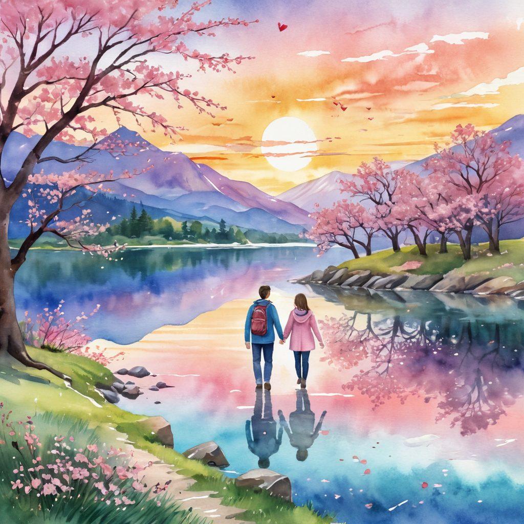 A whimsical illustration of a couple exploring a picturesque landscape, holding hands while surrounded by blooming cherry blossom trees and a serene lake. In the background, soft, rolling hills and a vibrant sunset create a dreamy atmosphere. Elements like hearts, love letters, and adventure tools (compass, map) subtly integrated into the scenery. watercolor style. pastel colors. gentle lighting.
